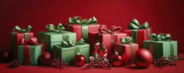 Festive red and green presents adorned with ribbons, surrounded by Christmas ornaments on a vibrant red backdrop, conveying a joyful holiday spirit