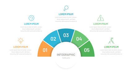 Semi circle pie chart divided into 5 parts with editable icons. A template for a presentation or website. Colorful infographics for business, startup, report, presentation, slides