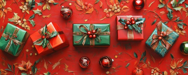 Festive red and green presents adorned with ribbons, surrounded by Christmas ornaments on a vibrant red backdrop, conveying a joyful holiday spirit