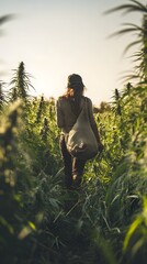 Fototapeta premium A farmer carries a sack and is picking marijuana, with a beautiful view of the clear sky