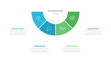 Semi circle pie chart divided into 4 parts with editable icons. A template for a presentation or website. Colorful infographics for business, startup, report, presentation, slides