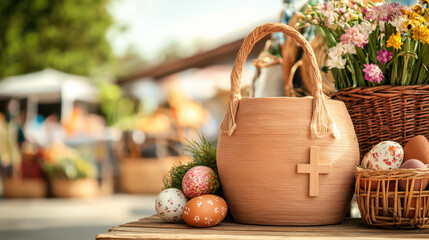 A woven basket with a wooden cross and colorful Easter eggs sits among vibrant flowers at a market, capturing a festive spring atmosphere.
