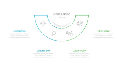 A thin semicircular line chart divided into four parts. Template for presentation slides, website, report, startup, business. Editable icons, bright colors