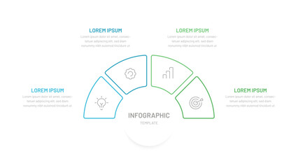 Obraz premium A thin semicircular line chart divided into four parts. Template for presentation slides, website, report, startup, business. Editable icons, bright colors