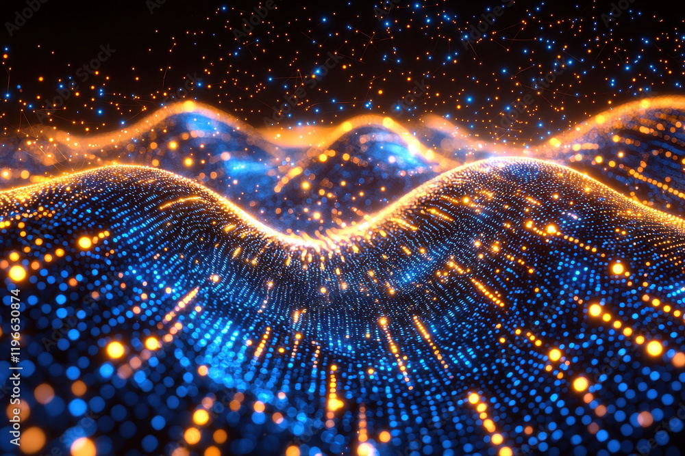 Poster Glowing particles flow through a 3D network of interconnected nodes creating a radiant Big Data visualization with vibrant neon lines and a cyberpunk aesthetic