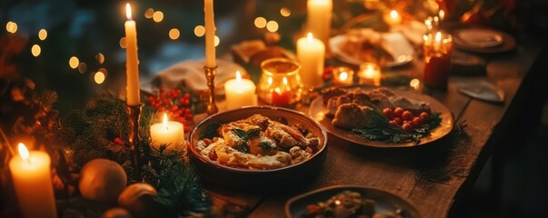 Festive table with Christmas-themed food and candles, cozy holiday dinner, warm ambiance.