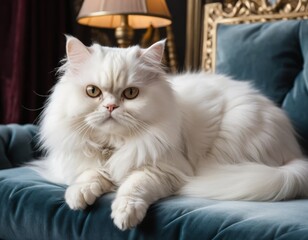 Fototapeta premium A Majestic White Persian Cat Resting Gracefully on a Luxurious Teal Velvet Chair