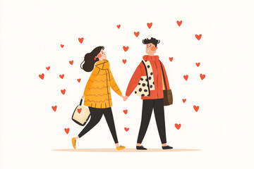 Obraz premium couple walks hand in hand, surrounded by hearts, expressing love and joy. woman wears yellow sweater, while man sports colorful outfit, creating cheerful atmosphere