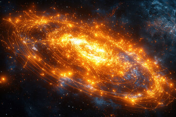 Naklejka premium Radiant Big Data concept showcases glowing particles flowing through a 3D network with vibrant neon lines and holographic visualizations in a cyberpunk aesthetic