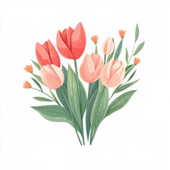 Fototapeta premium beautiful bouquet of red and pink tulips with green leaves, perfect for spring decor or floral design. This illustration captures essence of nature beauty and freshness