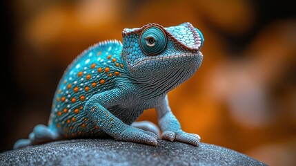 Fototapeta premium Turquoise chameleon posing on rock, blurred background, exotic pet.