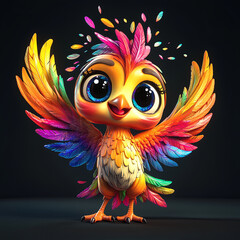 Fototapeta premium A cute phoenix with its rainbow colored feathers spreading its wings sparkling brightly under natural light. Traditional decorative elements, art toy pop mart style, big eyes, smiling,
