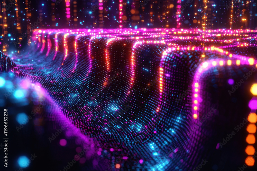 Poster vibrant neural network visualization with glowing nodes in a dynamic cyberpunk digital landscape