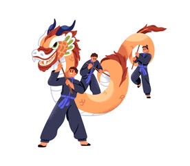 Chinese dragon dance performance. Carrying symbol puppet for Lunar New Year celebration in China. Street performers in Asian festival parade. Flat vector illustration isolated on white background