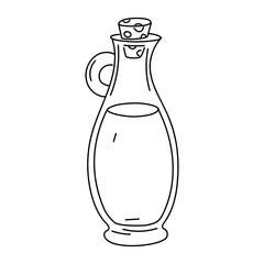 A glass bottle with olive oil. Outline illustration in sketch style, coloring book. Glass container with handle, for home use. The jug is sealed with a cork stopper. Isolated on white