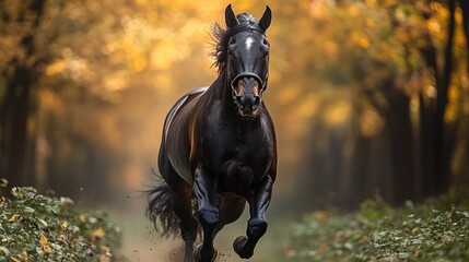 Black horse running, autumn forest, sunlight, dust.