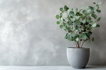 Eucalyptus plant in gray pot against textured wall. (5)
