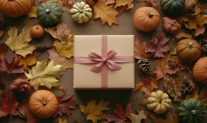 Flat lay of a Thanksgiving table setup with a gift box, decorative pumpkins, and autumn leaves creating a warm festive atmosphere