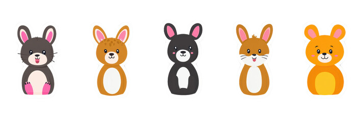 Fototapeta premium Cute cartoon animals featuring five adorable bunnies in various colors and styles, perfect for stickers or children illustrations