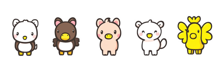 Obraz premium Cute cartoon animals in colorful sticker set featuring bear, pig, cat, and bird. Perfect for adding playful touch to any project or decoration