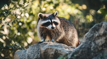 Obraz premium Curious raccoon on a rock, nature's charm.