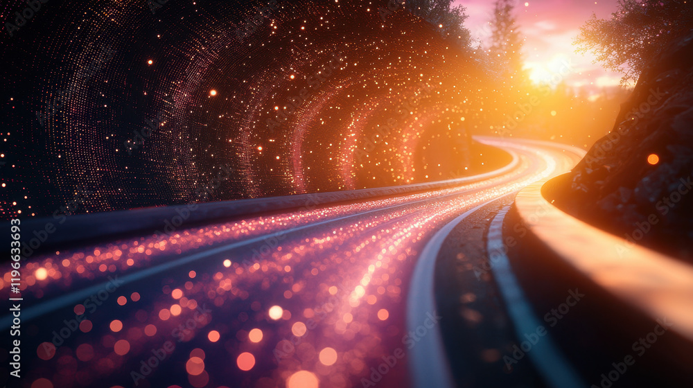 Poster vibrant pathways illuminated by glowing data streams in a futuristic abstract cyberspace during a su