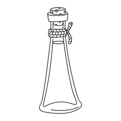 glass bottle with homemade olive oil, sealed with a stopper. Outline illustration in sketch style, coloring book. glass container for home use with a rope and closed with cork stopper. Isolated white