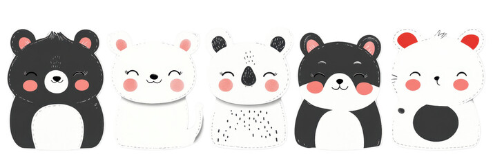Cute cartoon animals in sticker set featuring bear, mouse, koala, panda, and cat. Each character has joyful expression, perfect for children designs