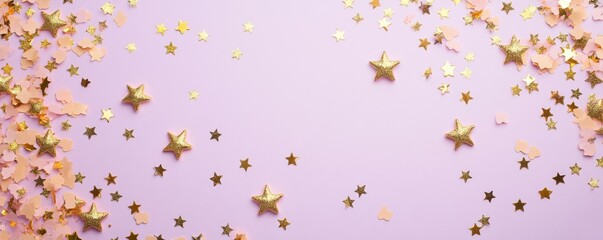 flat lay of shiny gold foil star-shaped confetti and glitter scattered across a soft pastel purple background, creating a festive and celebratory atmosphere with space in the middle for text