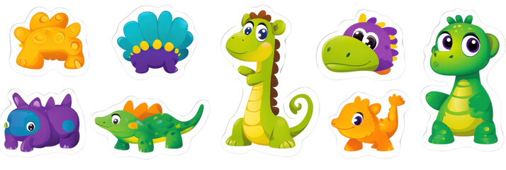 Cute cartoon animals stickers featuring colorful dinosaurs and creatures. These playful designs are perfect for children crafts, decorations, and educational materials