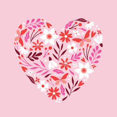 Vector illustration to Saint Valentine's Day with floral ornament in heart shape. Cute pink banner with flowers, plants, botanical elements, berries, butterfly. Flat trendy design. Romantic.