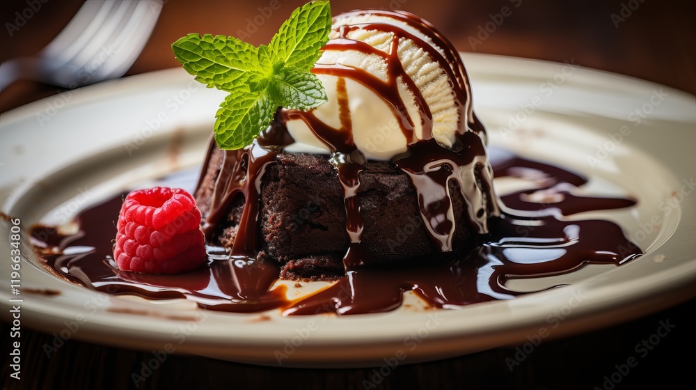 Poster Indulgent chocolate brownie topped with ice cream and raspberry delight. Generative AI