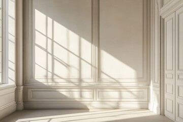 Obraz premium Sunlit empty room with classic white paneled walls and large window.