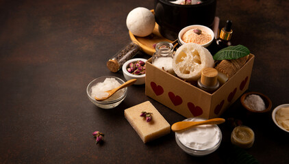 Natural Eco Friendly Beauty, Skin Care Products Concept. Zero Waste Bathroom, Spa Accessories on Wooden Background.