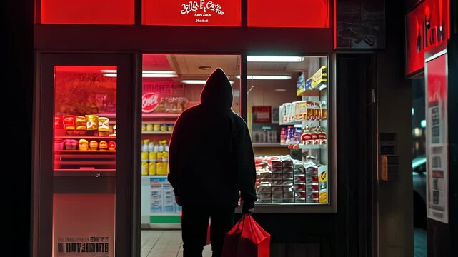 Person leaving store night.Individual carries bags urban setting.Dark,late shopping scene captured.Nighttime errand lighted doorway.evening grocery trip depicted.Lone shopper exits local shop.