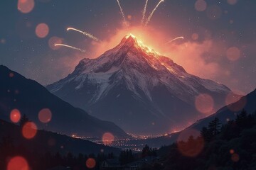 Glowing snowy mountain peak with fireworks and bokeh celebration scene at night time