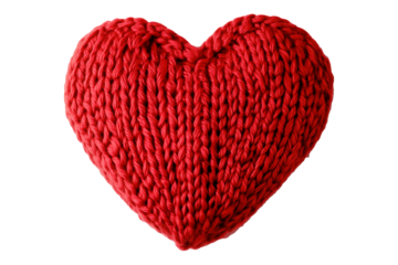 Red knitted heart pillow with intricate stitch patterns isolated on white transparent background, concept of love and warmth