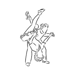 Couple in love dancing and having fun, hand drawn outline illustration. swing dance. vector