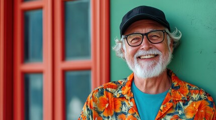 A happy, smiling man with a white beard and glasses, wearing an orange floral shirt, a black baseball cap, and a blue t-shirt, standing in front of a green wall with red window frames