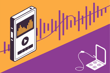 Audio visualization, sound wave, colorful gradient background, playback bar, minimalist design, digital music player, audio spectrum, waveform display, vibrant colors, orange to purple transition,  el