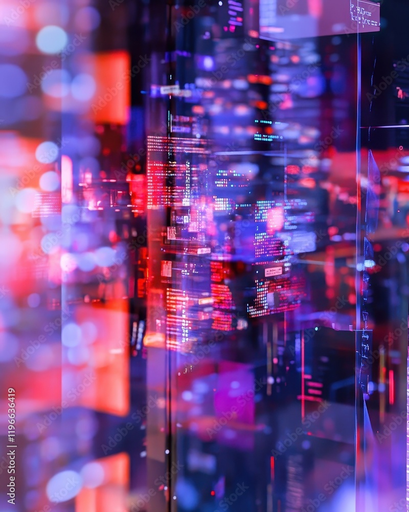 Poster abstract digital cityscape: neon lights and programming code fusion