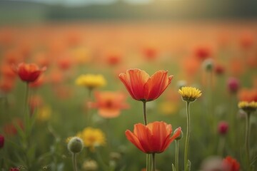Naklejka premium Flower field with blurred blooms and bokeh background