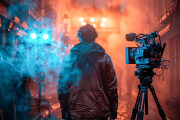 Fototapeta premium A cinematographer operates a camera on a tripod, capturing a scene outside a house bathed in atmospheric blue light and fog at dusk.