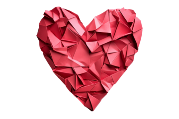 Red origami heart with geometric folds, crafted from paper, isolated on white transparent background. Concept of love and handmade art