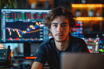 A young man hosting a video blog session, engages with his audience about cryptocurrency trading, with dynamic digital charts displayed in the background.