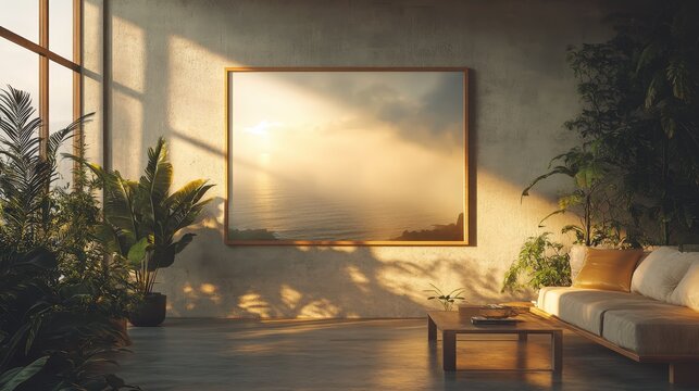 A mockup of a large framed photograph hanging on the wall in an industrial-style living room