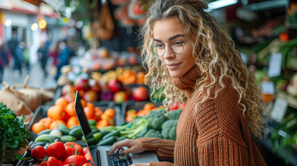A female entrepreneur manages her work using a laptop while standing at a colorful street market full of fresh produce.