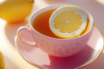 Warm tea in delicate pink cup, garnished with fresh lemon slice,