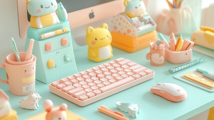 A pastel desk setup with stationery, featuring cute animal-shaped gadgets like a keyboard and mouse in soft colors of peach, pink, mint green, yellow, orange, and white.