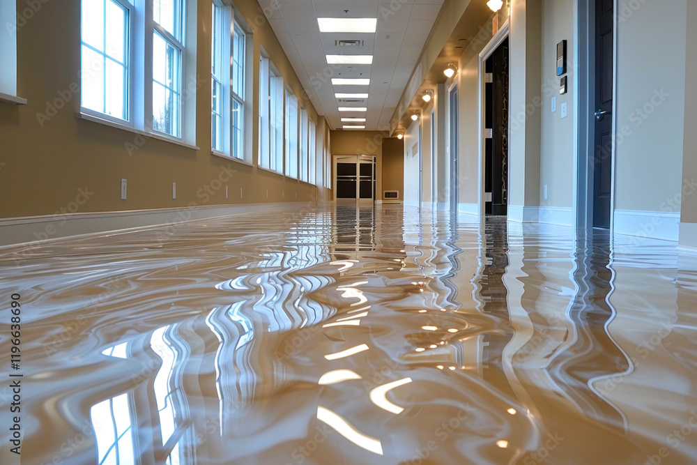 Canvas Prints A sleek, reflective epoxy floor elevates the interior of a contemporary office space, showcasing a polished look with natural light